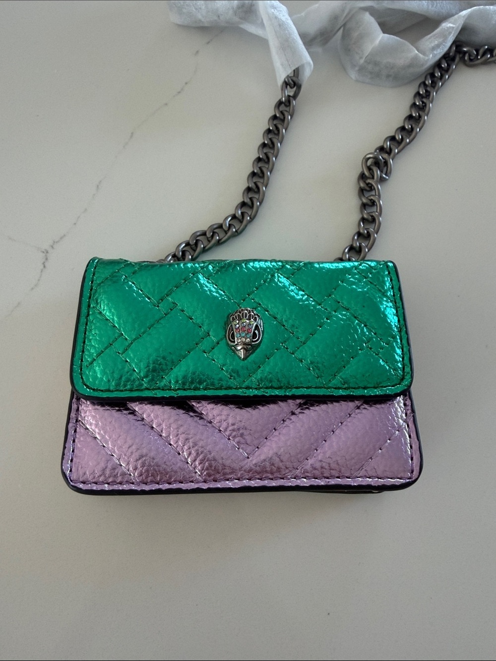 Kurt Geiger Metallic Green Lavender Yellow Quilted Mini/Micro Leather Bag” NEW”
